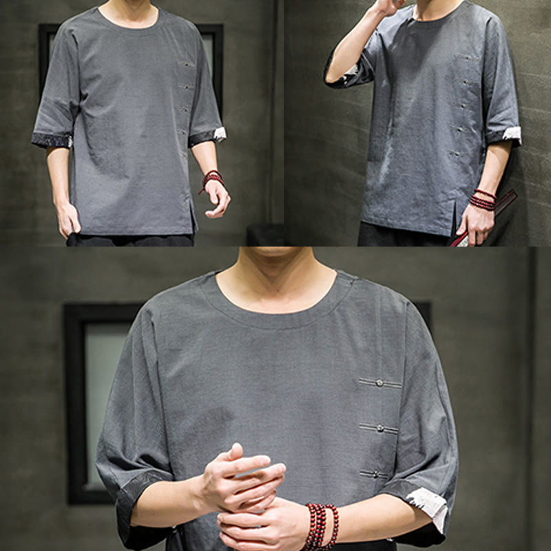 Buddha Stones Summer Retro Solid Color Patchwork Design Men's Three Quarter Sleeve Cotton Linen T-Shirt - image 23