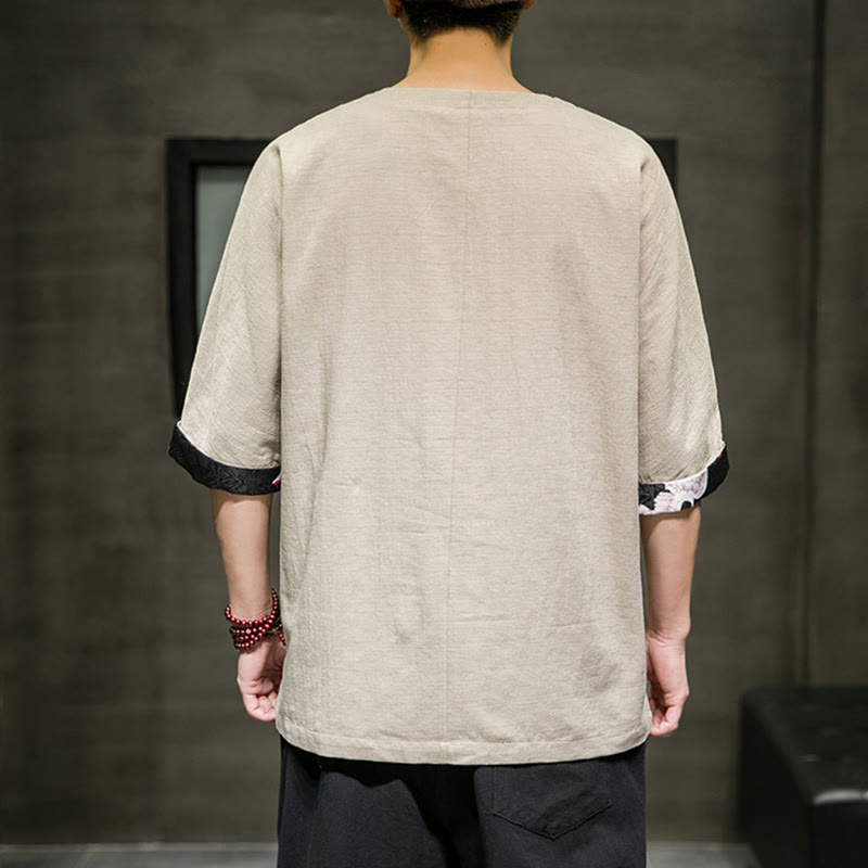 Buddha Stones Summer Retro Solid Color Patchwork Design Men's Three Quarter Sleeve Cotton Linen T-Shirt - image 9