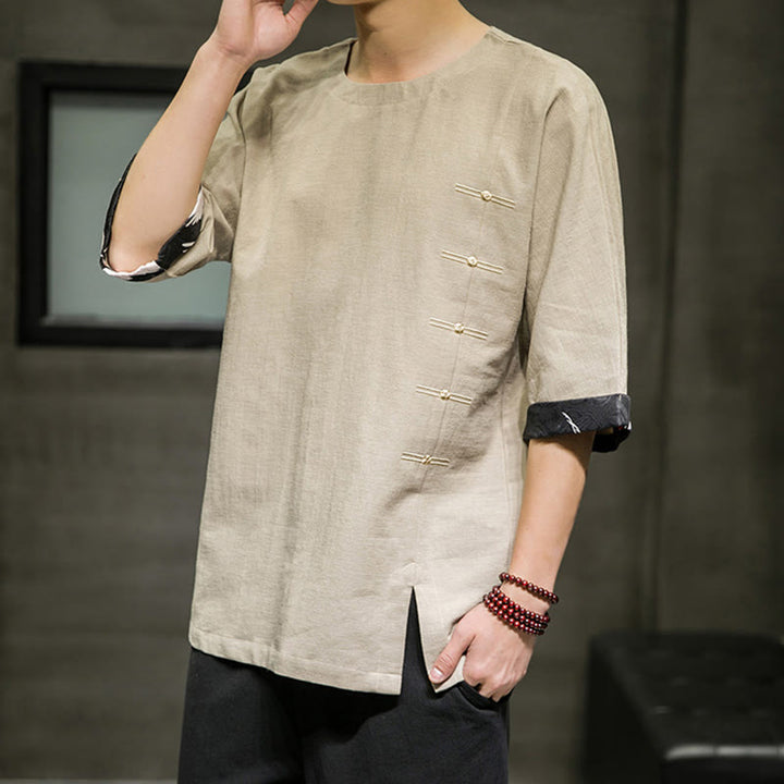 Buddha Stones Summer Retro Solid Color Patchwork Design Men's Three Quarter Sleeve Cotton Linen T-Shirt - image 8