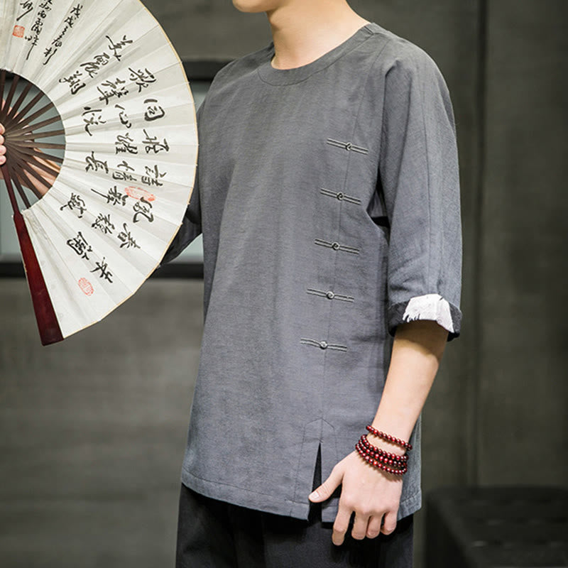 Buddha Stones Summer Retro Solid Color Patchwork Design Men's Three Quarter Sleeve Cotton Linen T-Shirt - image 21