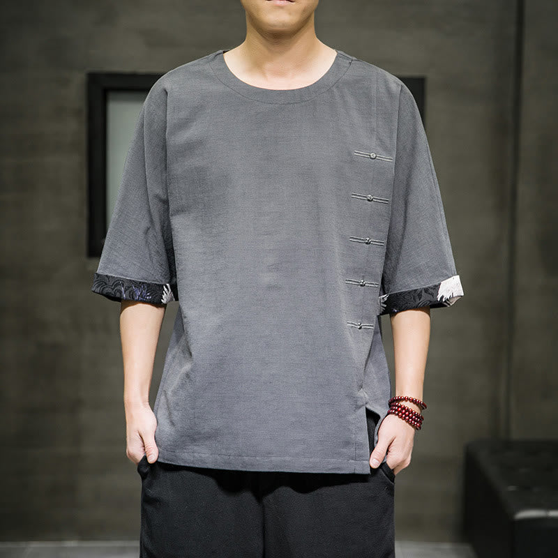 Buddha Stones Summer Retro Solid Color Patchwork Design Men's Three Quarter Sleeve Cotton Linen T-Shirt - LightSlateGray - US/UK/AU46，EU56 (5XL) - image 15