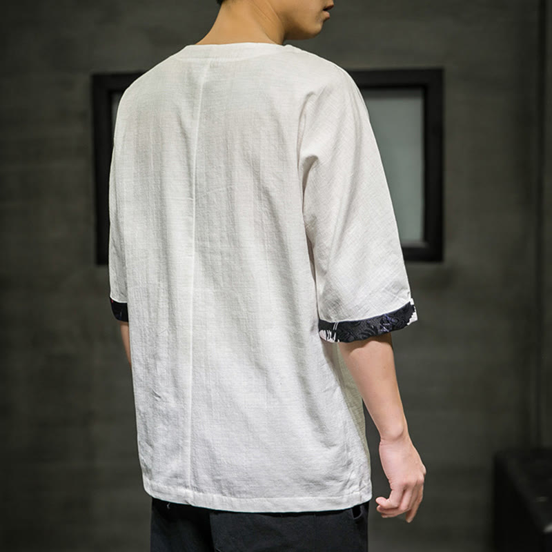 Buddha Stones Summer Retro Solid Color Patchwork Design Men's Three Quarter Sleeve Cotton Linen T-Shirt - image 26