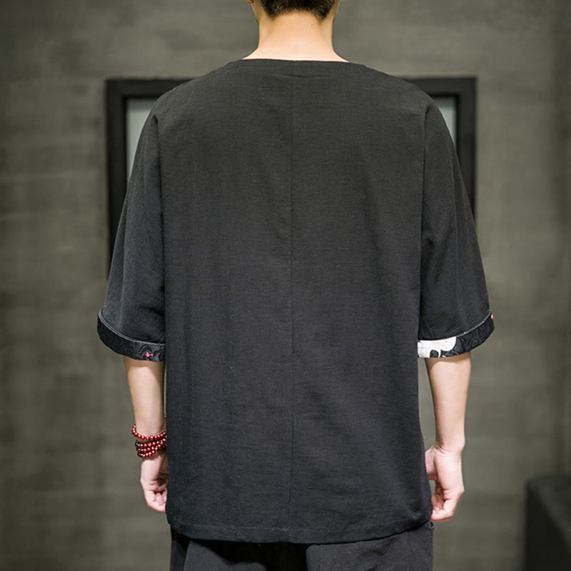 Buddha Stones Summer Retro Solid Color Patchwork Design Men's Three Quarter Sleeve Cotton Linen T-Shirt - image 4