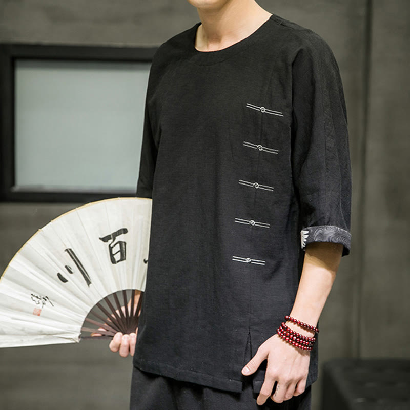 Buddha Stones Summer Retro Solid Color Patchwork Design Men's Three Quarter Sleeve Cotton Linen T-Shirt - image 5