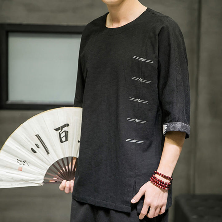 Buddha Stones Summer Retro Solid Color Patchwork Design Men's Three Quarter Sleeve Cotton Linen T-Shirt - image 4