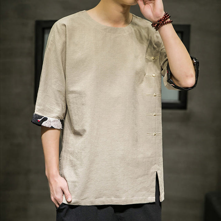Buddha Stones Summer Retro Solid Color Patchwork Design Men's Three Quarter Sleeve Cotton Linen T-Shirt - image 11