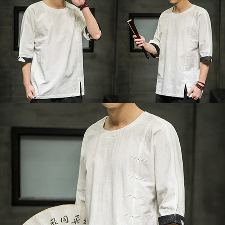 Buddha Stones Summer Retro Solid Color Patchwork Design Men's Three Quarter Sleeve Cotton Linen T-Shirt - image 32