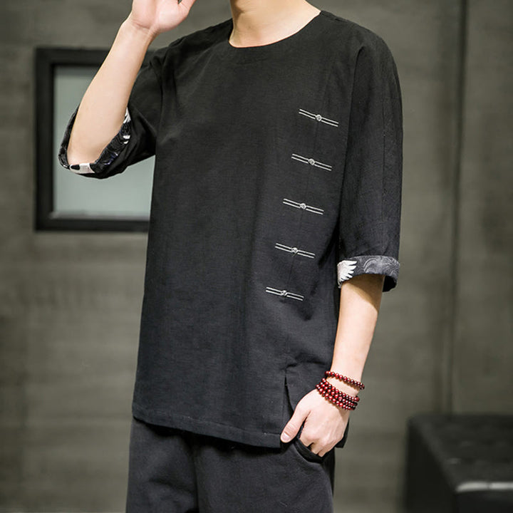 Buddha Stones Summer Retro Solid Color Patchwork Design Men's Three Quarter Sleeve Cotton Linen T-Shirt - image 2