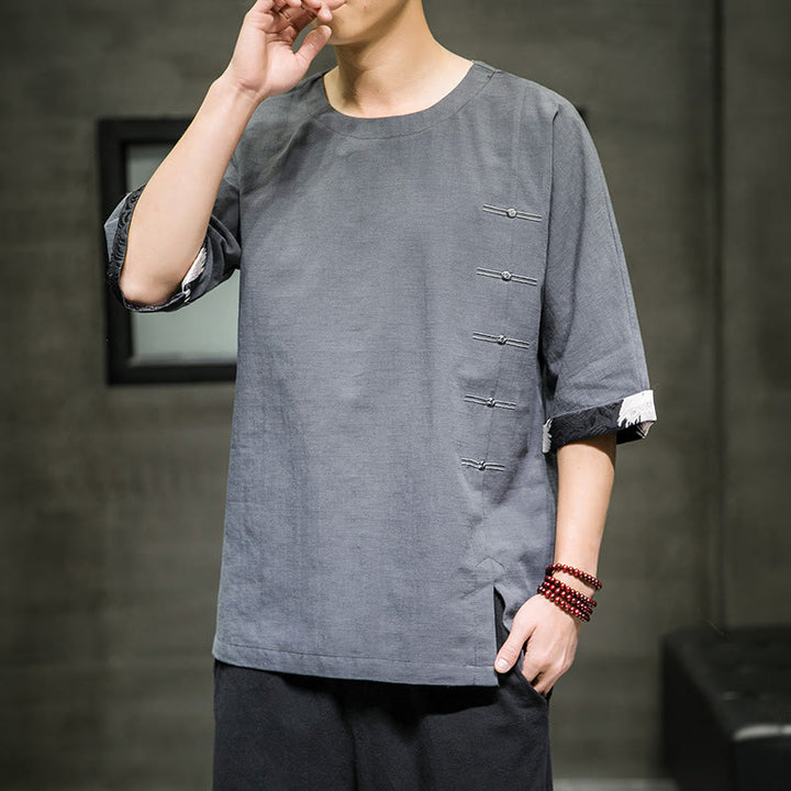 Buddha Stones Summer Retro Solid Color Patchwork Design Men's Three Quarter Sleeve Cotton Linen T-Shirt - image 15