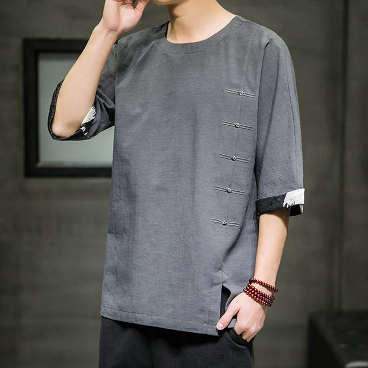 Buddha Stones Summer Retro Solid Color Patchwork Design Men's Three Quarter Sleeve Cotton Linen T-Shirt - image 22