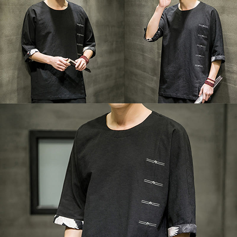 Buddha Stones Summer Retro Solid Color Patchwork Design Men's Three Quarter Sleeve Cotton Linen T-Shirt - image 7