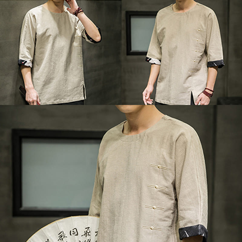Buddha Stones Summer Retro Solid Color Patchwork Design Men's Three Quarter Sleeve Cotton Linen T-Shirt - image 14