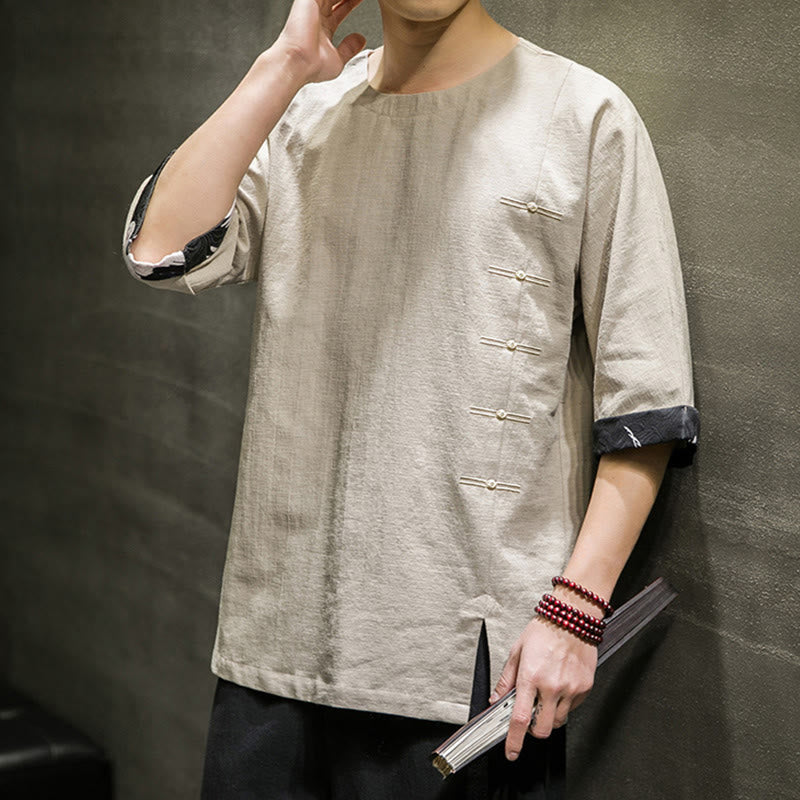 Buddha Stones Summer Retro Solid Color Patchwork Design Men's Three Quarter Sleeve Cotton Linen T-Shirt - image 13