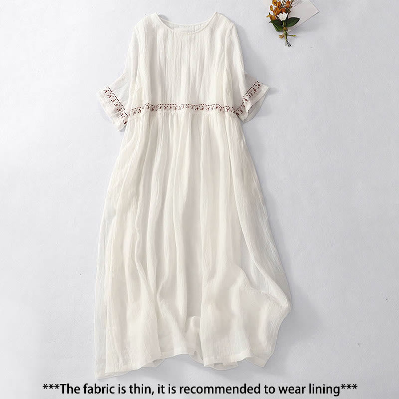 Buddha Stones Solid Color Embroidery Short Sleeve Cotton Midi Dress With Pockets - image 1