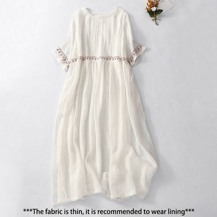 Buddha Stones Solid Color Embroidery Short Sleeve Cotton Midi Dress With Pockets - image 1