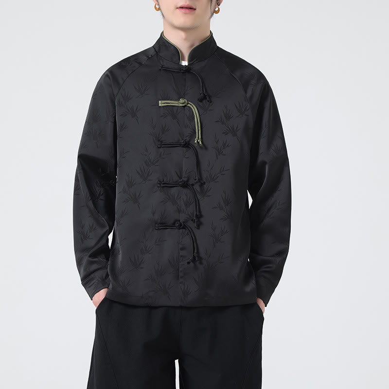 Buddha Stones Spring Jacquard Bamboo Leaves Pattern Chinese Frog-Button Design Men's Long Sleeve Shirt - Black - US/UK/AU46，EU56 (5XL) - image 18