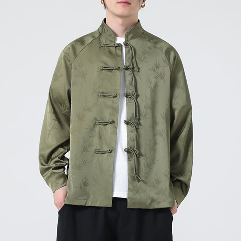 Buddha Stones Spring Jacquard Bamboo Leaves Pattern Chinese Frog-Button Design Men's Long Sleeve Shirt - image 6