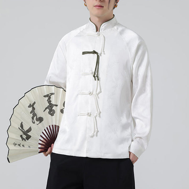 Buddha Stones Spring Jacquard Bamboo Leaves Pattern Chinese Frog-Button Design Men's Long Sleeve Shirt - image 17