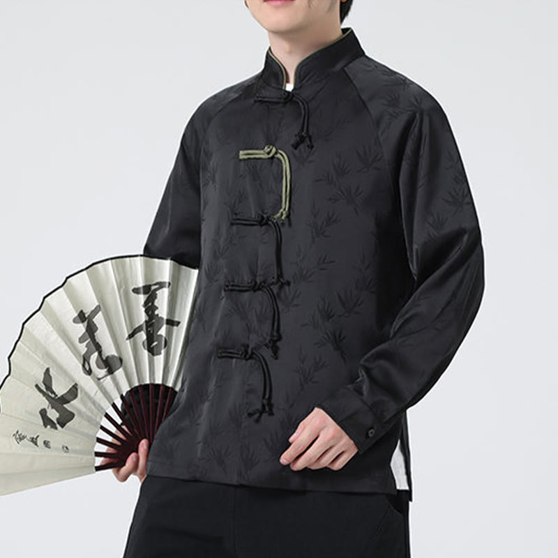 Buddha Stones Spring Jacquard Bamboo Leaves Pattern Chinese Frog-Button Design Men's Long Sleeve Shirt - image 24