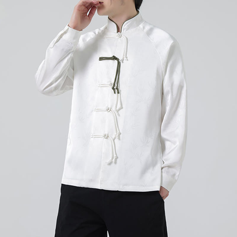 Buddha Stones Spring Jacquard Bamboo Leaves Pattern Chinese Frog-Button Design Men's Long Sleeve Shirt - image 16