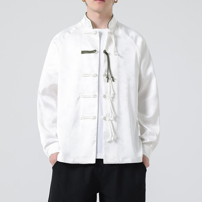 Buddha Stones Spring Jacquard Bamboo Leaves Pattern Chinese Frog-Button Design Men's Long Sleeve Shirt - White - US/UK/AU46，EU56 (5XL) - image 13