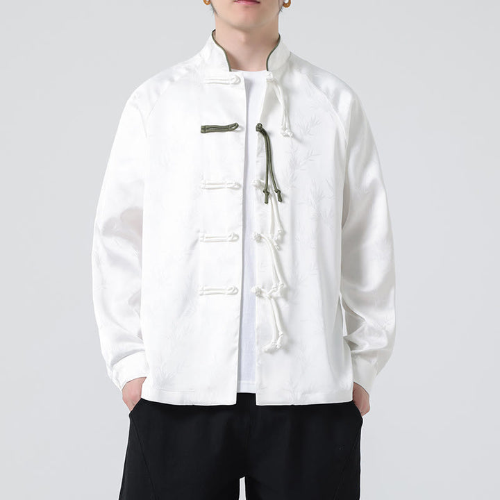 Buddha Stones Spring Jacquard Bamboo Leaves Pattern Chinese Frog-Button Design Men's Long Sleeve Shirt - White - US/UK/AU46，EU56 (5XL) - image 13