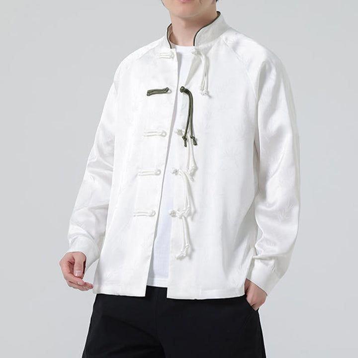 Buddha Stones Spring Jacquard Bamboo Leaves Pattern Chinese Frog-Button Design Men's Long Sleeve Shirt - image 13