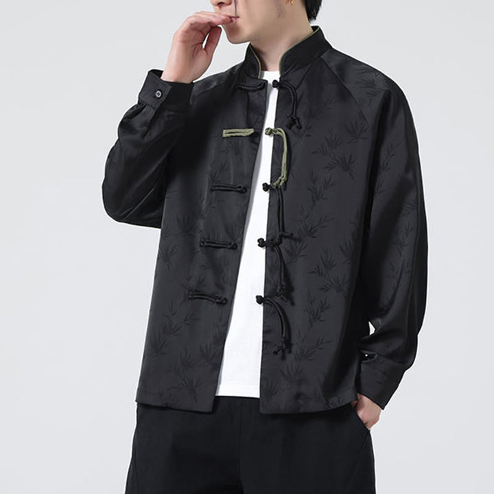 Buddha Stones Spring Jacquard Bamboo Leaves Pattern Chinese Frog-Button Design Men's Long Sleeve Shirt - image 25