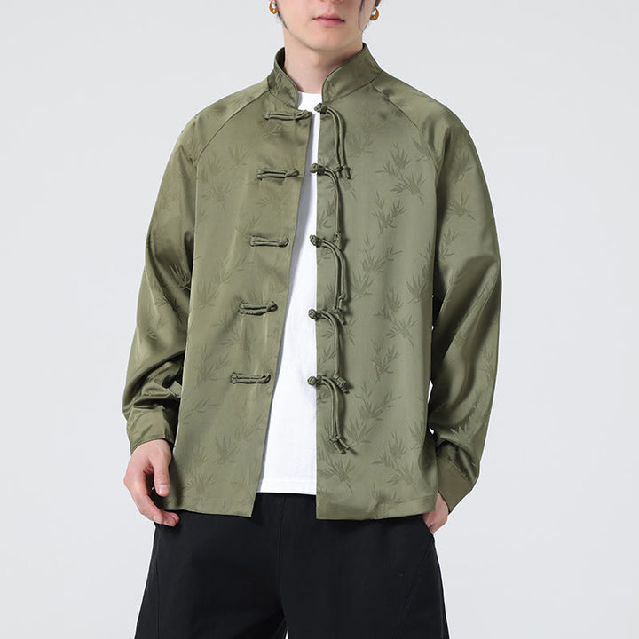 Buddha Stones Spring Jacquard Bamboo Leaves Pattern Chinese Frog-Button Design Men's Long Sleeve Shirt - image 6