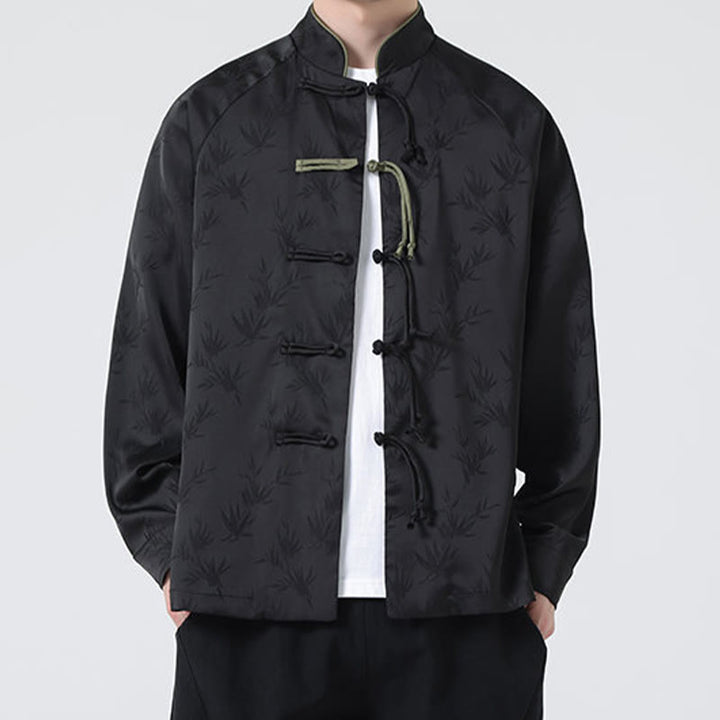 Buddha Stones Spring Jacquard Bamboo Leaves Pattern Chinese Frog-Button Design Men's Long Sleeve Shirt - image 26