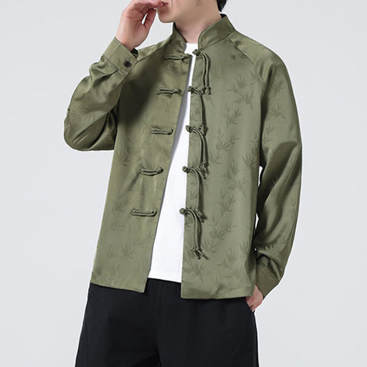 Buddha Stones Spring Jacquard Bamboo Leaves Pattern Chinese Frog-Button Design Men's Long Sleeve Shirt - image 8