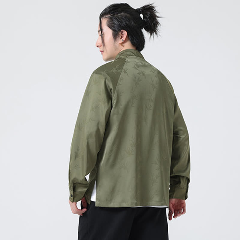 Buddha Stones Spring Jacquard Bamboo Leaves Pattern Chinese Frog-Button Design Men's Long Sleeve Shirt - image 5