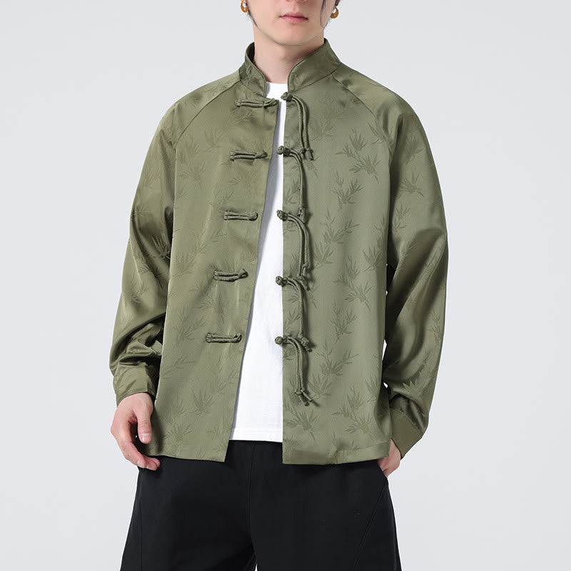 Buddha Stones Spring Jacquard Bamboo Leaves Pattern Chinese Frog-Button Design Men's Long Sleeve Shirt - image 7