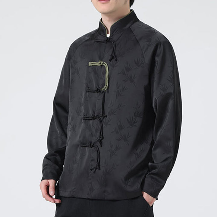 Buddha Stones Spring Jacquard Bamboo Leaves Pattern Chinese Frog-Button Design Men's Long Sleeve Shirt - image 23