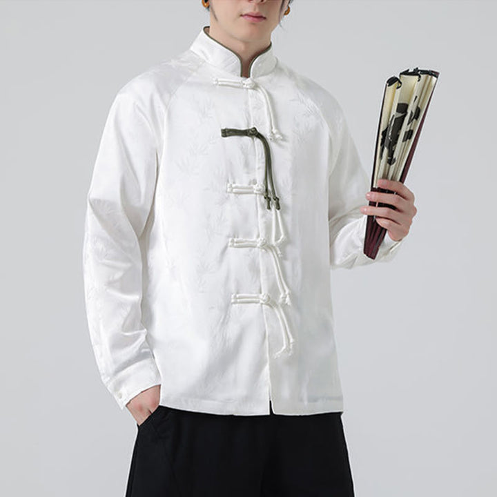 Buddha Stones Spring Jacquard Bamboo Leaves Pattern Chinese Frog-Button Design Men's Long Sleeve Shirt - image 18