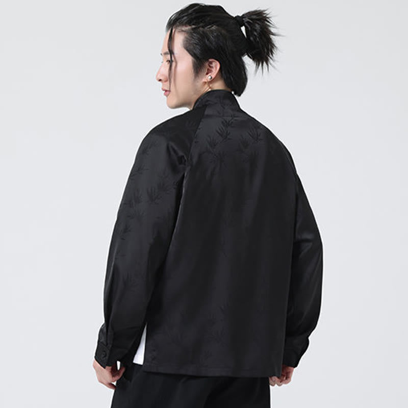 Buddha Stones Spring Jacquard Bamboo Leaves Pattern Chinese Frog-Button Design Men's Long Sleeve Shirt - image 21