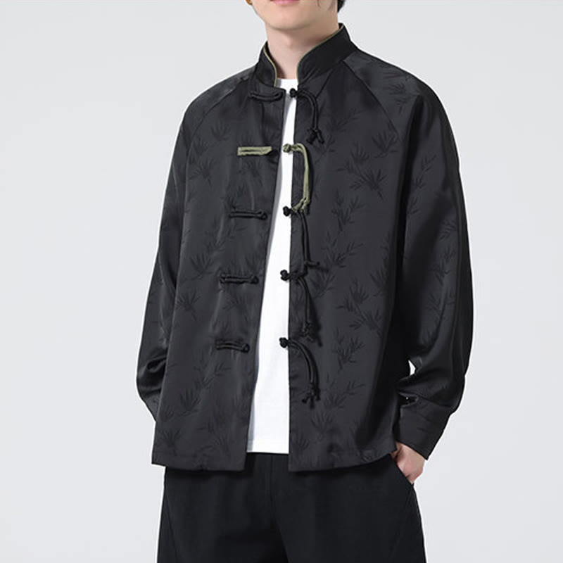 Buddha Stones Spring Jacquard Bamboo Leaves Pattern Chinese Frog-Button Design Men's Long Sleeve Shirt - image 19