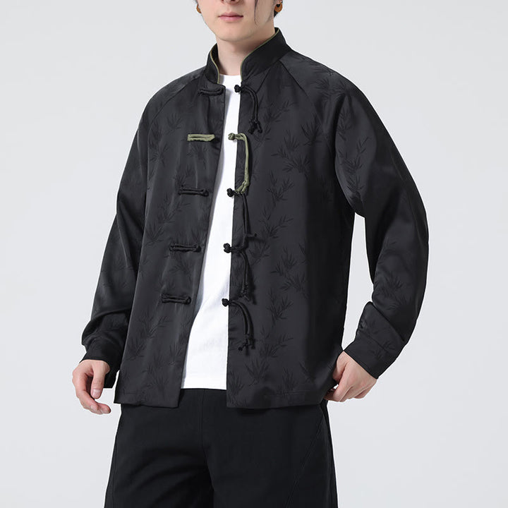 Buddha Stones Spring Jacquard Bamboo Leaves Pattern Chinese Frog-Button Design Men's Long Sleeve Shirt - image 20