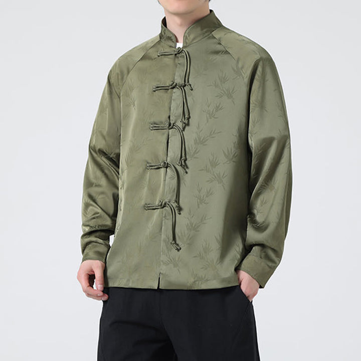 Buddha Stones Spring Jacquard Bamboo Leaves Pattern Chinese Frog-Button Design Men's Long Sleeve Shirt - image 3