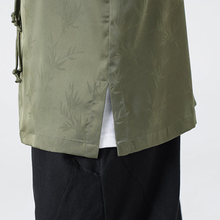 Buddha Stones Spring Jacquard Bamboo Leaves Pattern Chinese Frog-Button Design Men's Long Sleeve Shirt - image 11