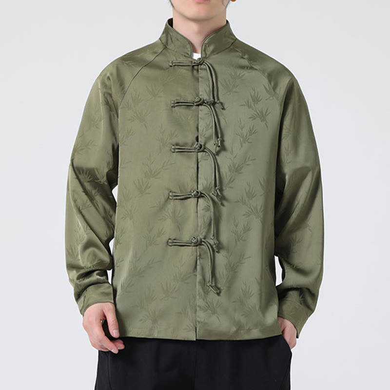 Buddha Stones Spring Jacquard Bamboo Leaves Pattern Chinese Frog-Button Design Men's Long Sleeve Shirt - image 3