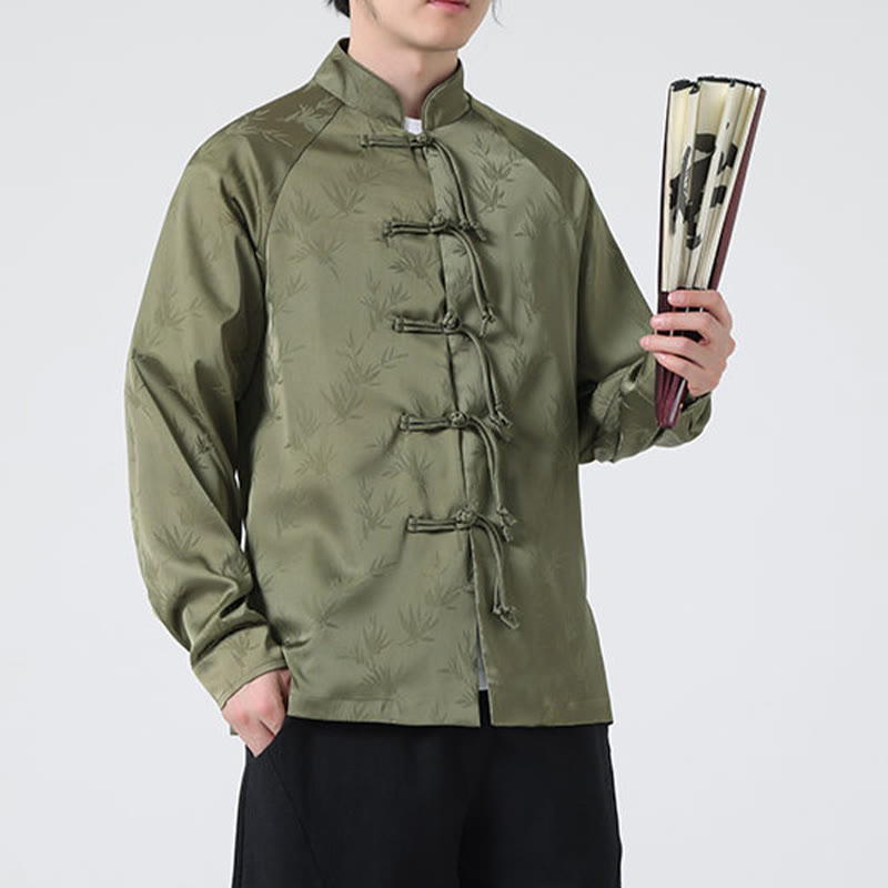 Buddha Stones Spring Jacquard Bamboo Leaves Pattern Chinese Frog-Button Design Men's Long Sleeve Shirt - image 2