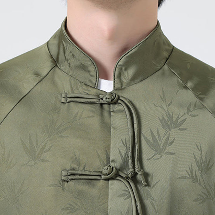 Buddha Stones Spring Jacquard Bamboo Leaves Pattern Chinese Frog-Button Design Men's Long Sleeve Shirt - image 9