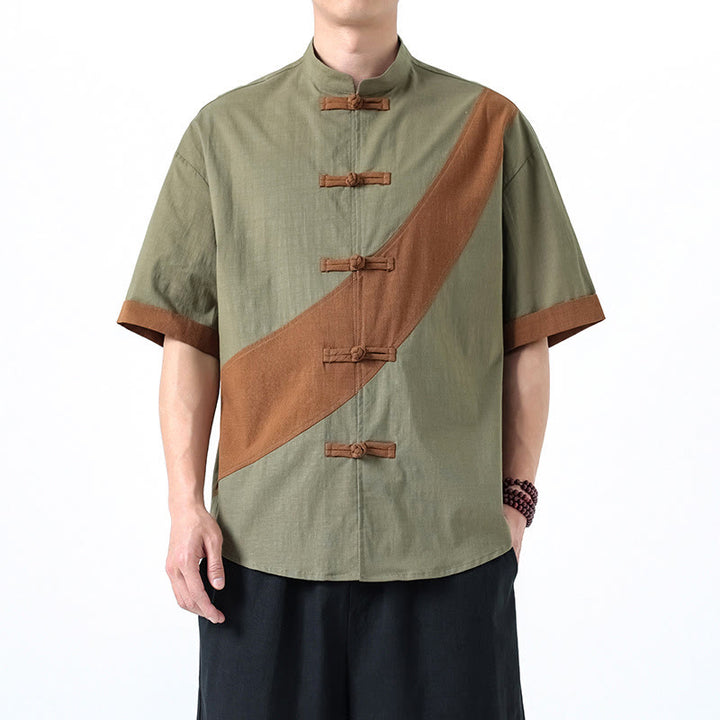 Buddha Stones Spring Color Contrast Chinese Frog-Button Design Men's Half Sleeve Cotton Linen Shirt - DarkSeaGreen - US/UK/AU46，EU56 (5XL) - image 11