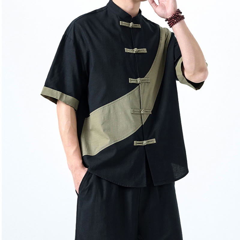 Buddha Stones Spring Color Contrast Chinese Frog-Button Design Men's Half Sleeve Cotton Linen Shirt - image 7