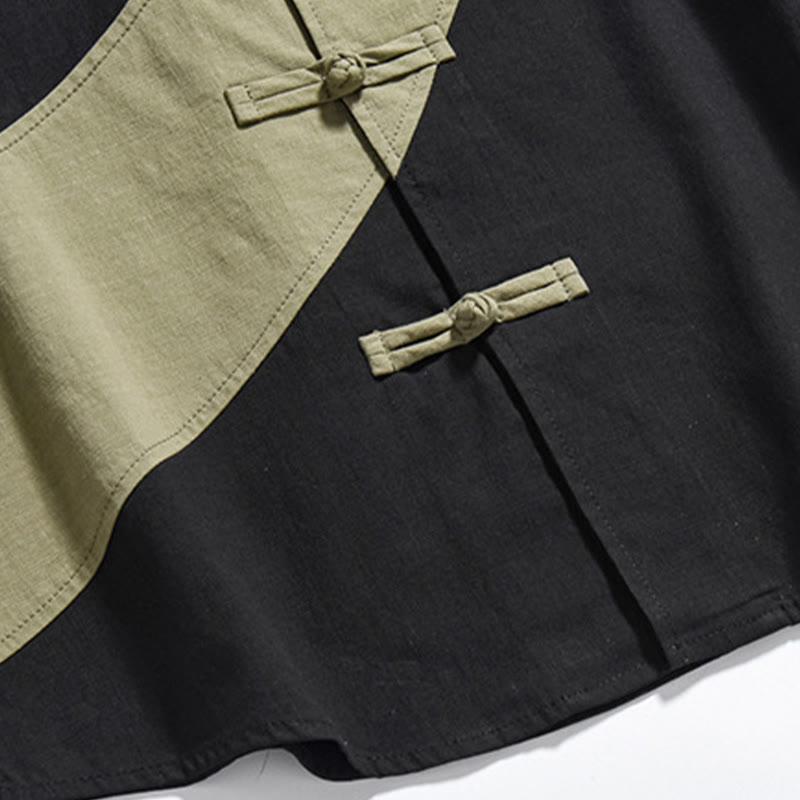 Buddha Stones Spring Color Contrast Chinese Frog-Button Design Men's Half Sleeve Cotton Linen Shirt - image 9