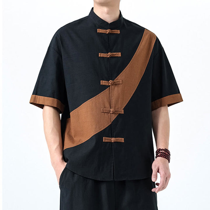 Buddha Stones Spring Color Contrast Chinese Frog-Button Design Men's Half Sleeve Cotton Linen Shirt - image 31