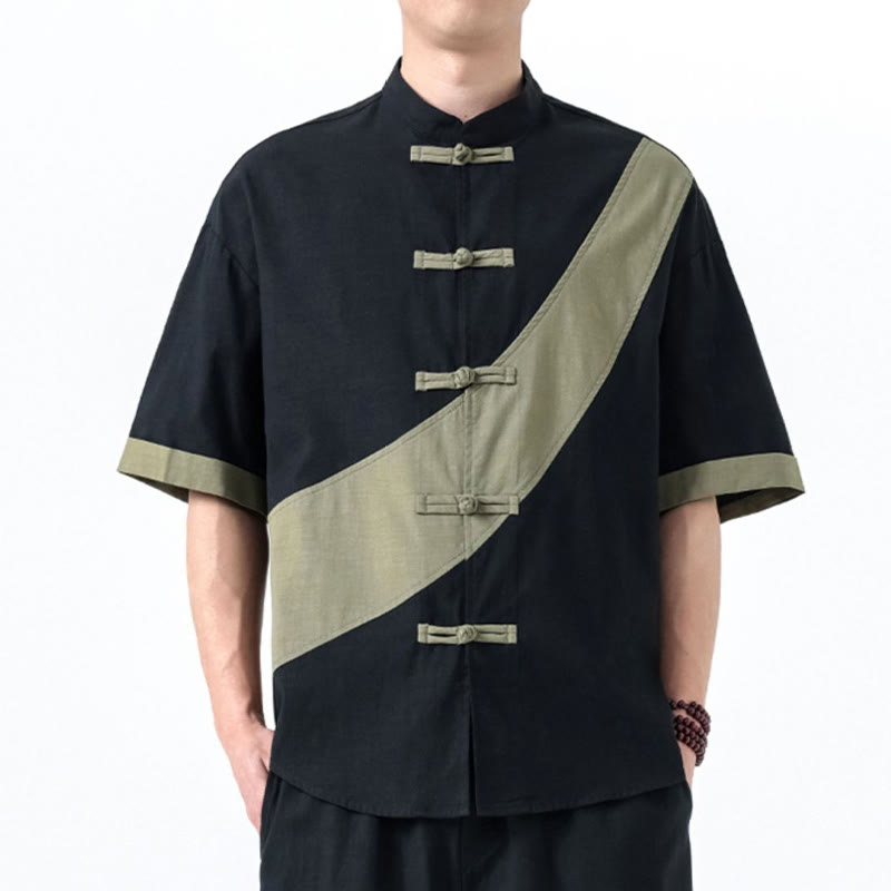 Buddha Stones Spring Color Contrast Chinese Frog-Button Design Men's Half Sleeve Cotton Linen Shirt - image 3
