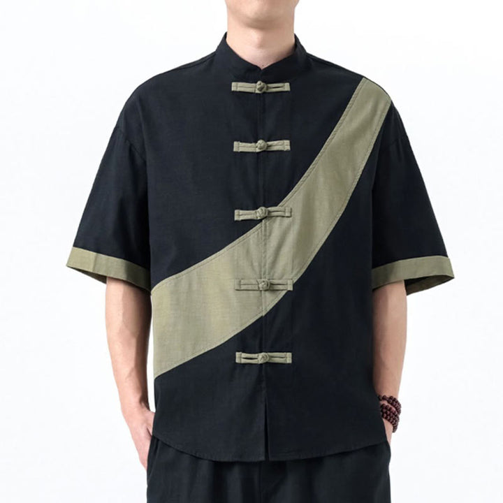 Buddha Stones Spring Color Contrast Chinese Frog-Button Design Men's Half Sleeve Cotton Linen Shirt - image 3