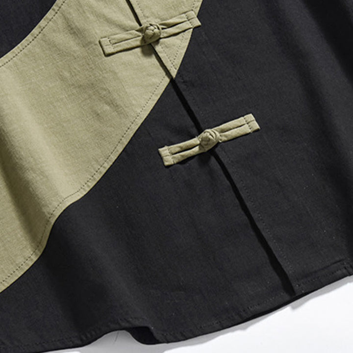 Buddha Stones Spring Color Contrast Chinese Frog-Button Design Men's Half Sleeve Cotton Linen Shirt - image 8